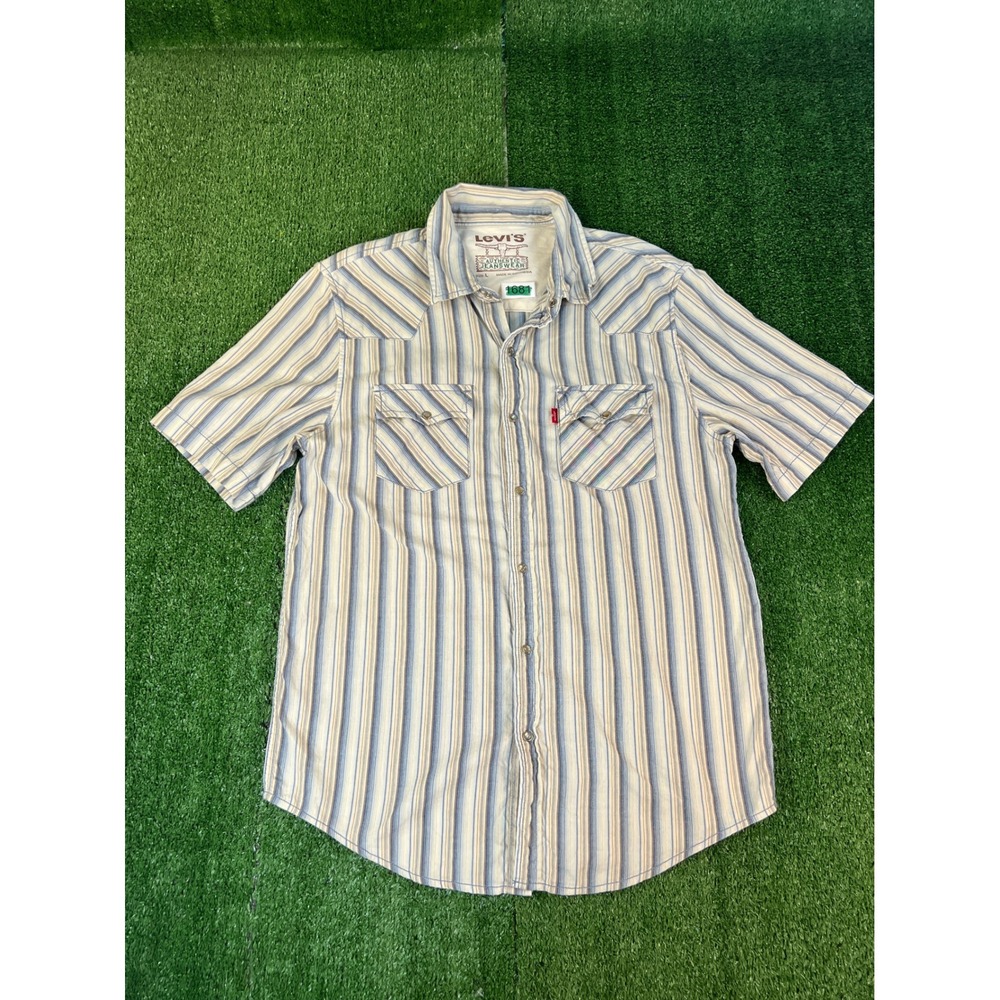 Levis Mens Western Pearl Snap Shirt Short Sleeve Blue Tan Striped Large